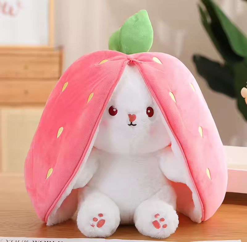 Strawberry Bunny & Carrot Bunny Plush Toys – Cute Transformable Gifts for Any Occasion