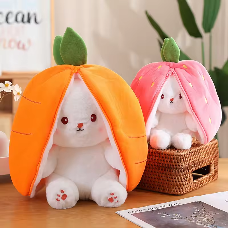 Strawberry Bunny & Carrot Bunny Plush Toys – Cute Transformable Gifts for Any Occasion