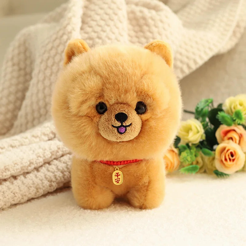 ZU Kawaii Teddy Pets Lifelike Fluffy Puppy Soft Doll Cute Small Chow Pomeranian Corgi Yorkie Plush Toys with Charm Gift for Girl