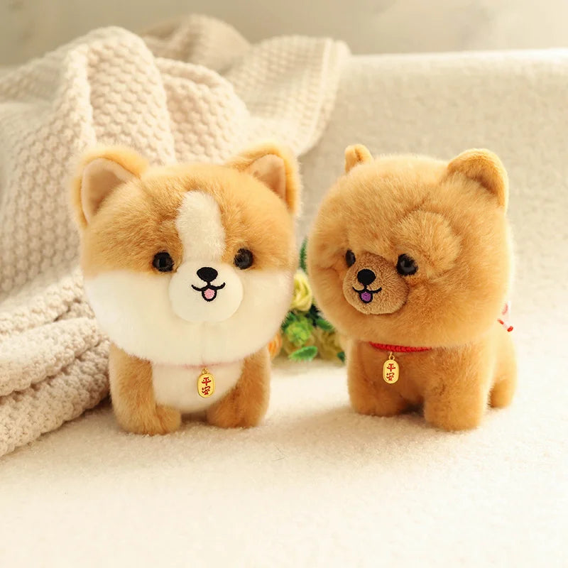 ZU Kawaii Teddy Pets Lifelike Fluffy Puppy Soft Doll Cute Small Chow Pomeranian Corgi Yorkie Plush Toys with Charm Gift for Girl