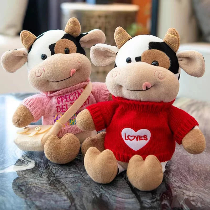 26CM Cartoon Milk Cow Plush Doll Cute Simulation Cattle Animals Plush Toys Soft Stuffed Sweater Cow Pillow Girls Birthday Gifts