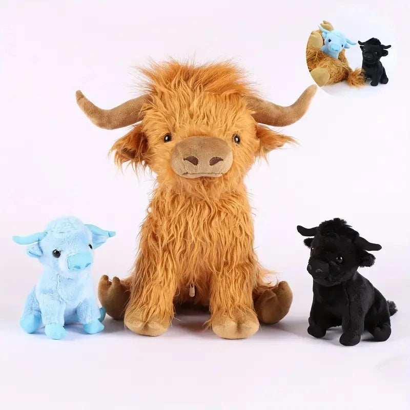 11.8In Mommy Stuffed Highland Cow with 2 Baby Highland Cow Stuffed Animals inside Zipper Tummy for Kid Christmas Halloween