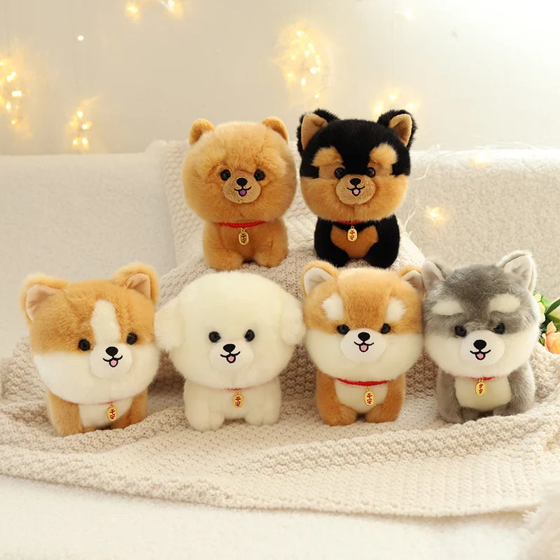 ZU Kawaii Teddy Pets Lifelike Fluffy Puppy Soft Doll Cute Small Chow Pomeranian Corgi Yorkie Plush Toys with Charm Gift for Girl